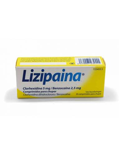 LIZIPAINE CLORHEXIDINE/BENZOCAINE 5 mg/2,5 mgs 20 COMPRIMIDOS DE INFECÇÕES BUCAIS E GARGANTA PARA CHUPAR