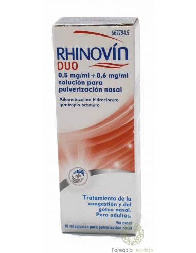 RHINOVIN DUO 0,5 mg/ml + 0,6 mg/ml SOLUÇÃO DE PULVERIZAÇÃO NASAL 10 ml Alivia a congestão e