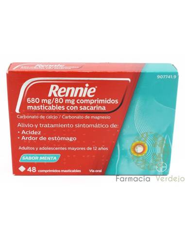 RENNIE 48 COMPRIMIDOS MASTICABLES (CON SACARINA) Alivio de la acidez y ardor de estómago