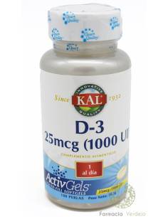 SOLARAY VITAMINA D-3 KAL 1000IU 100 CÁPSULAS GELATINOSAS