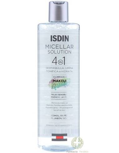 ISDIN SOLUÇÃO MICELAR 4 EM 1 400 ML Remove a maquilhagem, limpa, tonifica e hidrata o rosto e os olhos