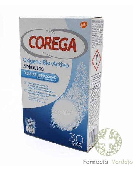 COREGA BIO-ACTIVE OXYGEN CLEANING PRÓTESE DENTÁRIA 30 COMPRIMIDOS Antibacteriano, limpeza e clareamento