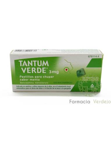 TANTUM VERDE 3 mg 20 PASTILLAS PARA CHUPAR (SABOR MENTA) Reducen la inflamación de garganta