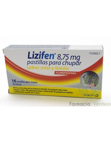 LIZIFEN 8,75 mg 16 PASTILLAS PARA CHUPAR (SABOR MIEL Y LIMON) Alivia el dolor e irritación de gargan