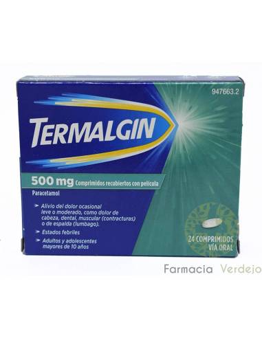 TERMALGIN 500 mg 24 COMPRIMIDOS RECUBIERTOS Alivio del dolor moderado, fiebre y malestar