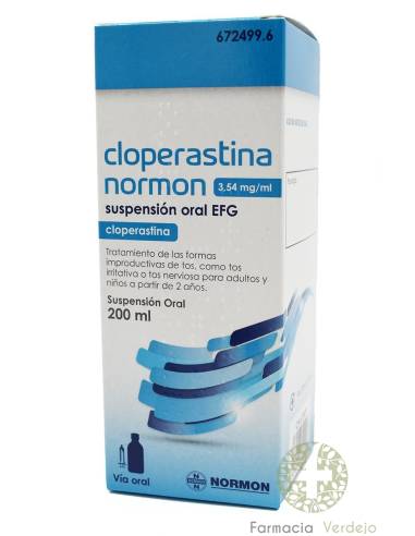 CLOPERASTIN NORMON EFG 3,54 mg/ml SUSPENSÃO ORAL 1 frasco 200 ml Tosse irritativa ou nervosa