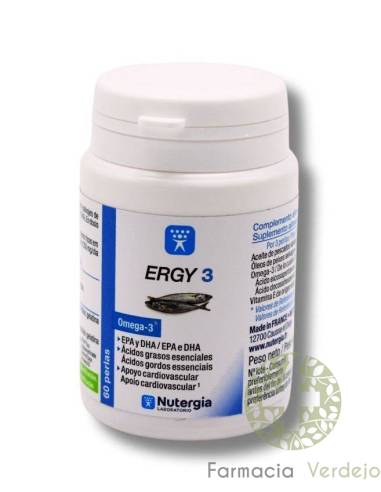 ERGY 3 60 PERLAS NUTERGIA Acidos grasos DHA y EPA para apoyo cardiovascular