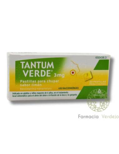 TANTUM VERDE 3 mg 20 PASTILHAS (SABOR LIMÃO) Para inflamação e dor de garganta