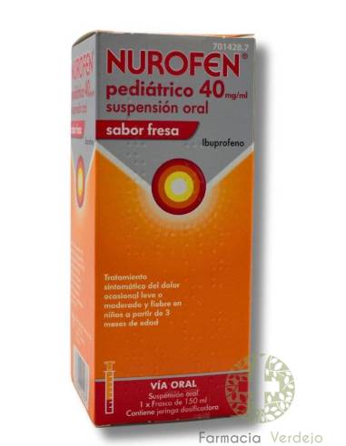 NUROFEN PEDIÁTRICO 40 mg/ml SUSPENSÃO ORAL 150MLTrata dor ocasional e febre a partir de 3 anos
