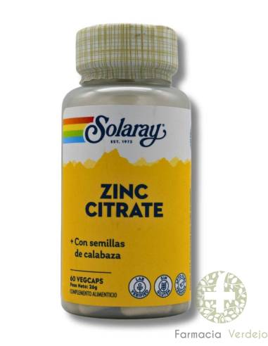ZINC CITRATE 50 MG SOLARAY 60 CAPS Antioxidante y protector enzimático