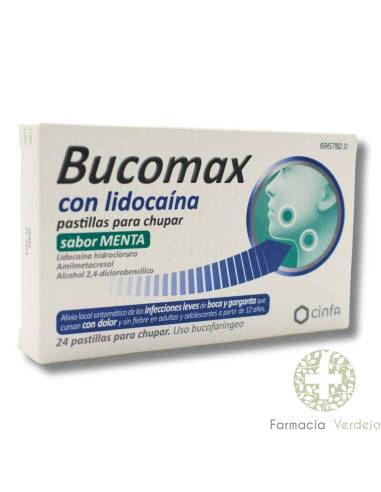 BUCOMAX CON LIDOCAINA 24 PASTILLAS PARA CHUPAR (SABOR MENTA) Alivio de infecciones leves de garganta