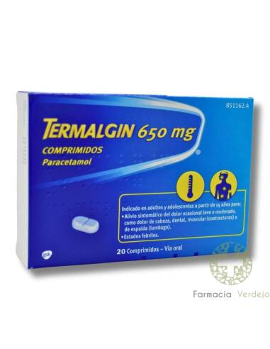 TERMALGIN 650 MG 20 COMPRIMIDOS Alivia a dor ocasional e a febre